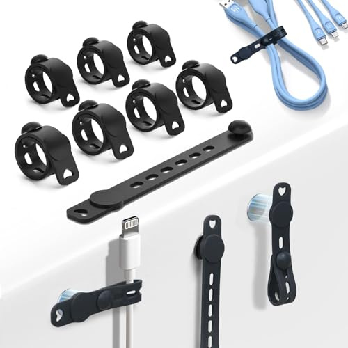 Silicone Cable Ties 12 Pack,Reusable Washable Wire Organizer with Locking Clasps,Adjustable Cord Holders for Home Office,Computer,Charger Cables Black White (RY-UK-Cable Ties)