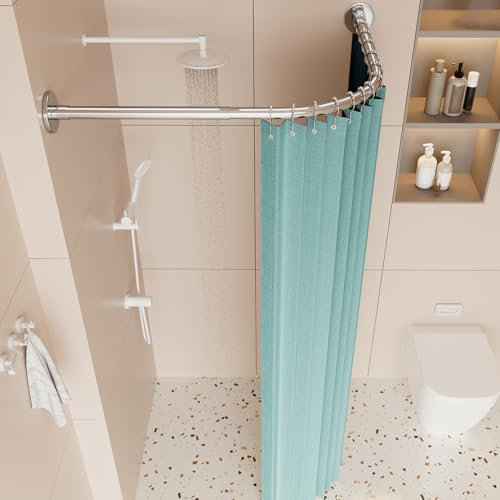 Barra De Cortina De Ducha De Esquina De Acero Inoxidable 304 En Forma De L, Barra De Cortina Ducha Curva Extensible, Instalación Sin Taladros, Para Baño, Tienda De (Size:B 70-95x90-130cm,Color:Silver)