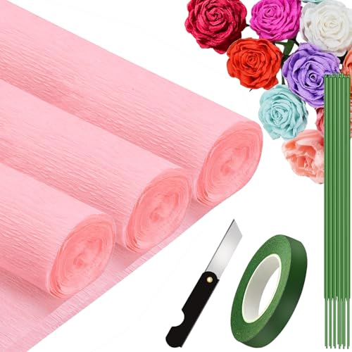 3 Rollen Krepppapier Rosa Farbe 25x250cm, Crepe Papier für Handwerke, Krepppapier für Geburtstag, Hochzeiten, Valentinstag-Dekorationen (Rosa Farbe)