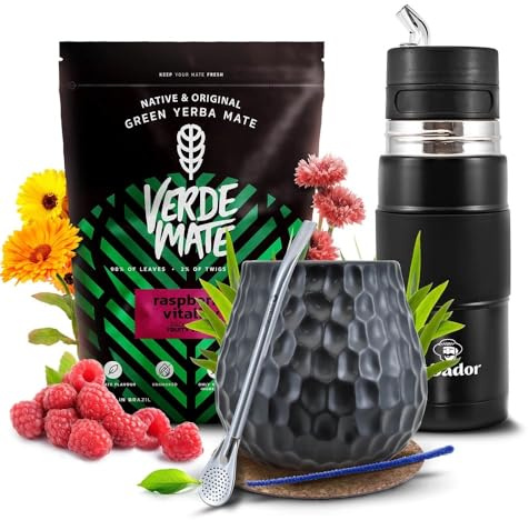 Kit yerba mate Verde Mate framboise 500g avec Yerbomos X et calebasse | Set complet avec yerba mate fruitée 500g, gourde 3-en-1, calebasse en céramique, bombilla, sous-verre et brosse d'entretien