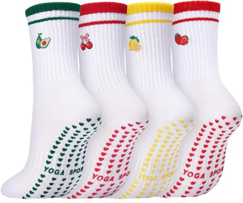 Boyiee 4 Paar Damen Anti-Rutsch Pilates Socken, EU 35-42, Baumwolle mit Frucht-Muster, Sportsocken für Yoga, Tennis, Ballett & Fitness