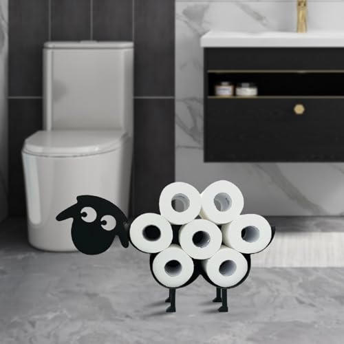 acfeco Freistehender Toilettenpapierhalter für 42mm Rollen, Klopapierhalter für 7 PapierrollenKlorollenhalter Stehend Schwarz, Toilettenpapierständer für Toilette Badezimmer(Schafe)