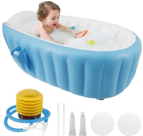 Bañera hinchable para bebé con bomba de aire, 98 × 65 × 28 cm, bañera hinchable con parches, antideslizante, marca de nivel de agua, bañera para bebé, adecuada para bañarse al bebé (azul)