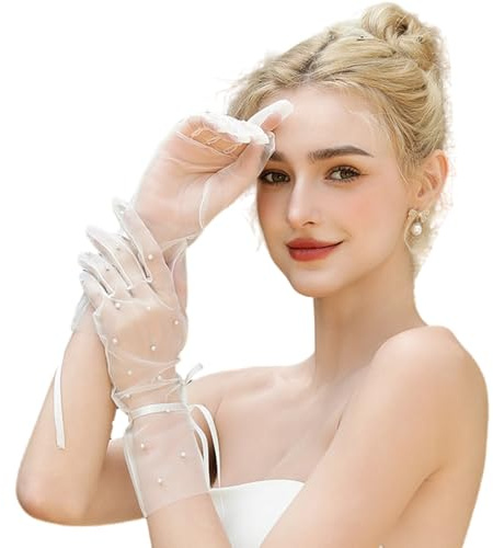 Tmboryuu Guanti da sposa con perle e borchie, per feste, opere, concerto, dita piene, bianco, elegante, per occasioni formali, Latte, Taglia unica