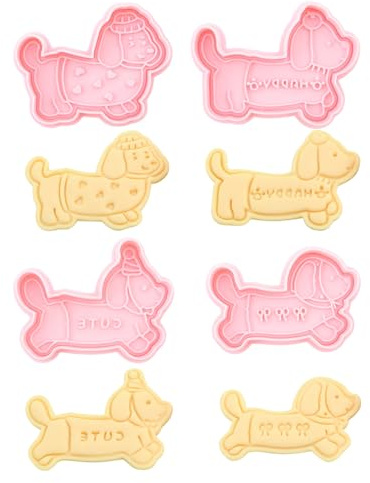 Bekecidi Juego de 4 Cortadores de Galletas con Forma de Perro Salchicha, Cortador de Galletas, Sello de Fondant, Moldes Reutilizables para Hornear, Decoración Festiva (Rosa)