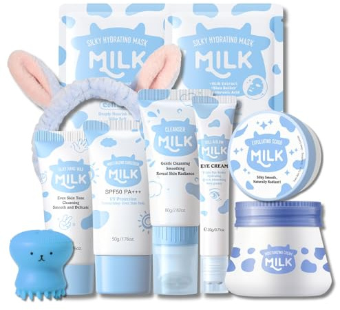 10-teiliges Milch Hautpflege Set, Milch Gesichtspflege Set, Gesichtsreinigung Beauty Set, Feuchtigkeitspflege für Frauen Teenager Mädchen Geschenke, Natürliche Feuchtigkeitspflege für Mädchen & Damen