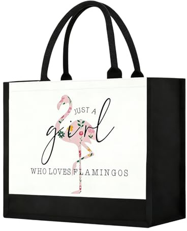 Flamingo Jutebeutel, Canvas Tasche Damen mit „Just a Girl Who Loves Flamingos“ , einkaufstasche mit reißverschluss, Stofftasche mit Innentasche, Tragetasche Flamingo Geschenk, Tote Bag für Einkauf