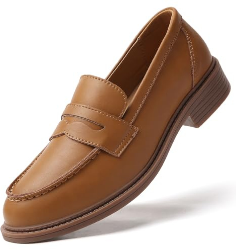 QJN Penny Loafers for Women Brown Leather Non Slip Work Shoes for Women's Loafers & Slip-Ons Ladies Business Casual Shoes Comfortable Cute Lightweight Sneakers Soft Driving Dress Flats Size 7