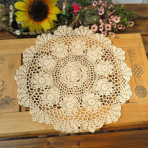 Gettimore Runde Spitze Tischdecke 50 cm Häkeldecke Baumwolle Floral Deckchen für Esstisch Cafe Hotel Dekor Maschinenwaschbar Vintage Landhausstil Beige