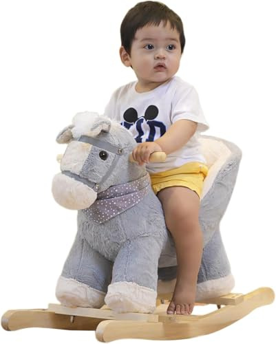 Plüsch Rocking Horse - weicher gefüllter Körper, Sicherheitssitz Stuhl, Holz Rockers, Musikknopf - Kleinkind Ride-On Spielzeug für Alter 1-3 (Graue Pferde)