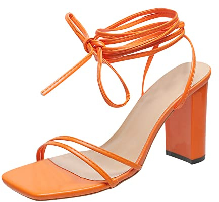 Romersandaler dam snörning, remsandaler dam med klack, svarta sommarsandaler, blockklack, fritidsskor, eleganta fritidssandaler, bekväma sommarskor, kvadratiska tåhätta, sandaletter, apelsin, 40 EU