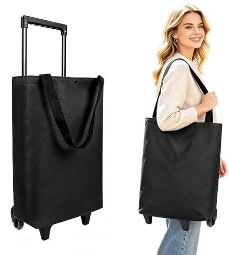 Shopping Trolley Stair Climber Trolley Foldable 30L Large Shopping Bag on Wheels Wheel Shopping Roller for Travelling Camping Travel with Zip Waterproof (Black)