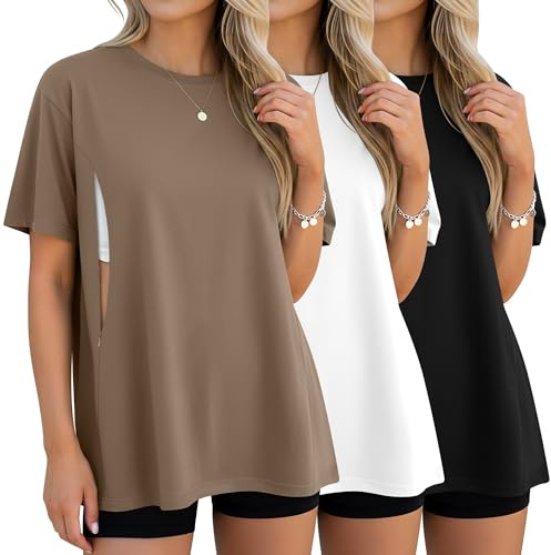 Xuniea 3 Chemises Allaitement Maternité Oversize | Chemises Postpartum Zip Caché, T-shirts Manches Courtes, Allaitement Facile, Tenues Quotidiennes, Pour Maman AprèS Naissance