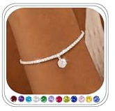 Maynor Birthstone Bracelet for Women 925 Sterling Silver Bracelet with CZ Pendant in 12 Colours, Personalised Waterproof Jewellery Adjustable Birthday Gift for Women & Girls