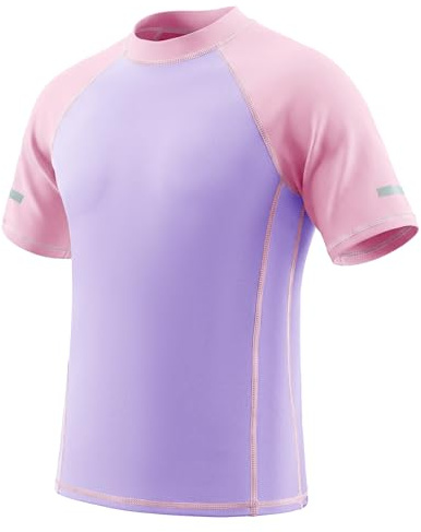 Keyck Camiseta de Baño Niños Niñas Protección Solar Manga Corta 7-15 Años | Camiseta de Natación Rash Guard, con Rayas Reflectantes, Secado Rápido, Rashguard Tops, para Natacion Piscina Surf Playa
