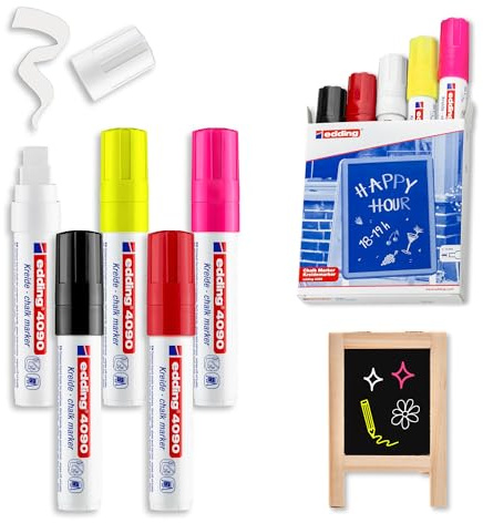 edding 4090 Kreidemarker - bunte Farben (basic) - 5 Stifte - Keilspitze 4-15mm - breiter Kreidestift für Tafel abwischbar - zum Beschriften von Fenster, Glas, Spiegel - Tafelstift mit deckenden Farben