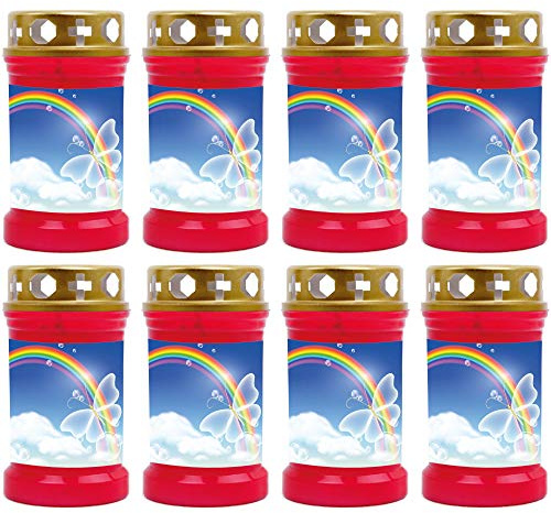 HS Candle Grabkerze - 8er Pack - (Rot) Grablicht ca. 40h Brenndauer je Kerze - Motiv: Regenbogen 2