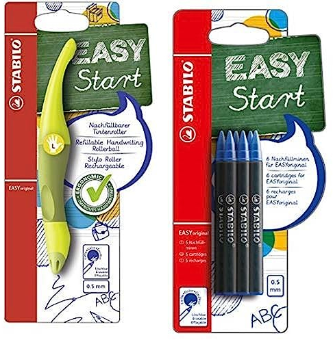 STABILO-Ergonomischer Tintenroller für Linkshänder-EASYoriginal in limone/grün-blau (löschbar)-inkl. Patrone + EASYoriginal Refill-medium-6er Pack