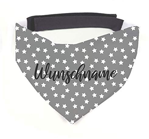 Hundehalstuch mit Namen Vintage Sterne grau personalisiert inklusive Wunschname z.B. Name Ihres Hundes mit 12 cm Klettverschluss für kleine, mittlere und große Hunde (M = Halsumfang: 38-45 cm)