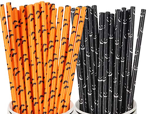 200 Pieces Halloween Paper Straws, Kalolary Recycle Black Orange Drinking Straws, Food-Grade Straws for Party Celebrations, Halloween Thanksgiving Day Christmas Kids Party Supplies