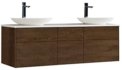 StoneArt Badmöbel Set Mineralguss Waschbecken Waschschale Aufsatzwaschbecken und Unterschrank Waschtisch Einzel- oder Doppelwaschbecken Venice VE-1610pro-3 Eiche dunkel 160cm