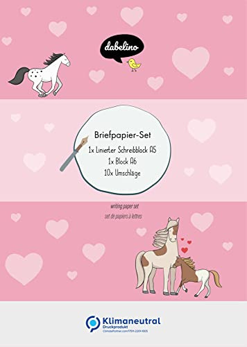 Liniertes Briefpapier-Set für Kinder: Pferde, Ponys (rosa mit Herzen, Mädchen) - 1 Schreibblock DIN A5 + 10 Umschläge + 1 Malblock DIN A6