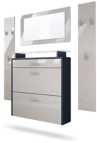 Vladon Garderobe Malea, Garderobenset bestehend aus 1 Hängeschuhschrank, 1 Wandspiegel und 2 Garderobenpaneele, Anthrazit matt/Sandgrau Hochglanz, inkl. LED-Beleuchtung weiß