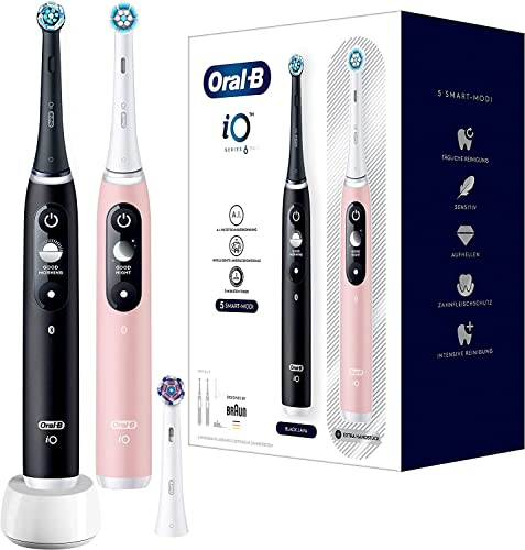 Oral-B iO Series 6 Elektrische Zahnbürste/Electric Toothbrush, Doppelpack & 3 Aufsteckbürsten, 5 Putzmodi für Zahnpflege, Magnet-Technologie, Display, Designed by Braun, Schwarz/Rosa