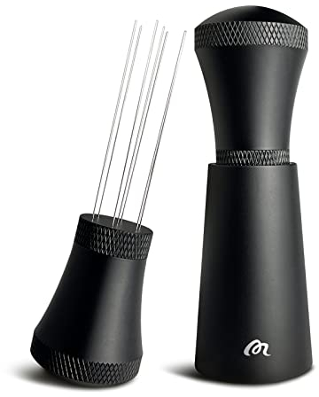 Wdt Tool, Aluminum Alloy Wdt Tool Espresso with Stand, 0.3mm Thick Stainless Steel 7 Needles Coffee Distributor for Barista, Black (3 Replacement Needle)