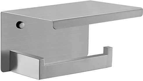 TNOMS Soporte de papel higiénico de níquel cepillado con estante, accesorios modernos de accesorios de baño, soporte multifuncional para papel higiénico, montaje en pared de acero inoxidable