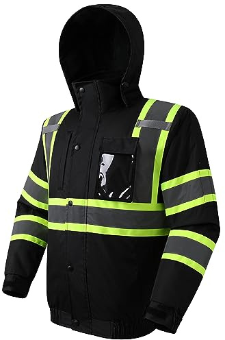 JKSafety Hi-Vis vintersäkerhetsbomberjacka för män och kvinnor | vintersäkerhetsjacka hållbar och vattentät | byggarbetsjacka för vintern | Kallt väder PPE | ANSI-kompatibel (116-svart M)