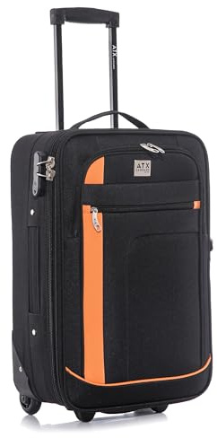 ATX Luggage 55x35x20cm Cabin Suitcase-Lightweight Softshell Carry-ons Approved for Ryanair EasyJet British Airways with 2 Wheels and Built-in Combination Lock (Black/Orange, 48 Liter)