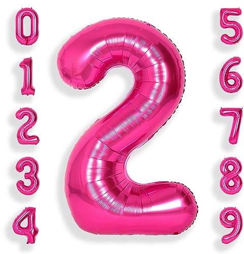 SUWEN 40 Inch Hot Pink Large 2 Number Balloons Big Foil Helium Number Balloons 0-9 Jumbo Happy 2nd Mylar Birthday Party Decorations for Girl Anniversary Party Supplies