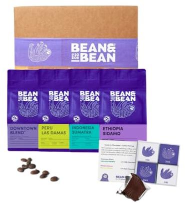 Bean Around the World Coffee & Chocolate Gift Set - 4 x 1.8oz Coffee Samplers Paired with Belgian Chocolates - Includes Single Origin Medium Roast, Whole Bean
