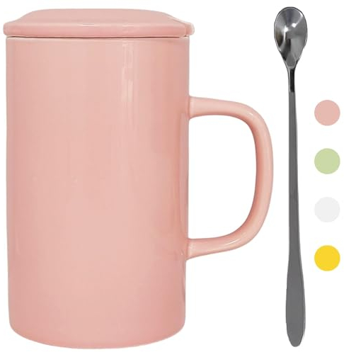 NIUKOMY Tazze Extra Large 1000ML, Tazze Giganti, Tazza Jumbo, Grandi Tazza da Caffè in Ceramica, Tazza da Tè Grande con Coperchio e Cucchiaio, Grandi Tazze da Latte in Porcellana, Rosa