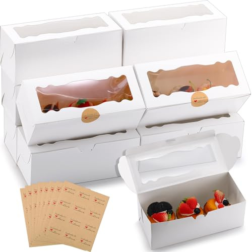 Geyee 96 Pcs Bakery Boxes with Window 9 x 4 x 3.5 Inch White Cookie Roll Cupcake Loaf Bread Box Rectangle Treat Box Packaging Baking Container with Round Sealing Label for Christmas Valentine Birthday