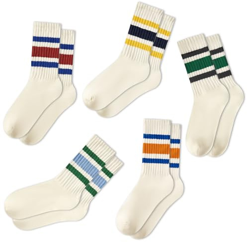 Calzini da donna a righe retrò calzini da donna morbidi atletici polpacci calzini tubolari, Confezione da 5 nero-verde, nero-giallo, blu-rosso, blu-verde e blu-arancione, taglia unica