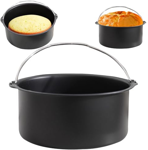 Obelunrp Air Fryer Cake Tin, 6inch Carbon Steel Air Fryer Cake Pan with Handle, Heat Resistant Air Fryer Baking Pan, Cake Barrel Cake Basket Air Fryer Accessories