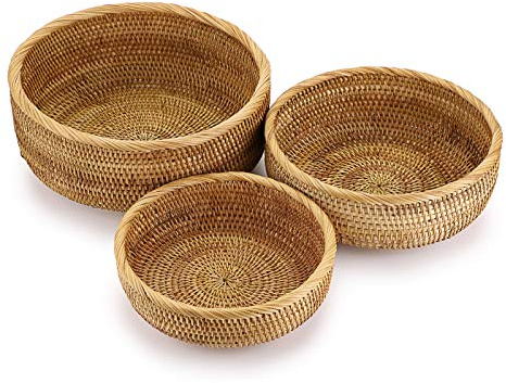 Sumree - Juego de 3 Cestas de Mimbre, Bandejas para Servir de Ratán para Pan (Cesta de Frutas, Cesta de Almacenamiento para Galletas, Pan, Frutas) (Redonda, 26+23+20 cm)