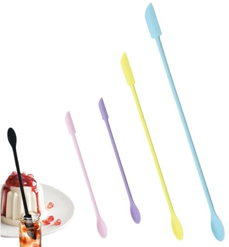 4 Pcs Mini Spatulas Silicone,Multifunctional Reusable Tiny Rubber Makeup Long Spoon,for Kitchen Food Baking Cooking Beauty Make Up Cosmetics Lotion Resin Handmade Palette (Pink Green Pink Yellow)