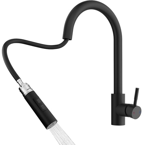 Rainsworth Schwarz Wasserhahn Küche mit Brause Ausziehbar - Hochdruck Küchenarmatur mit Zwei Wasserstrahlarten, Spültischarmatur 360° Drehung, Mischbatterie Küche aus Edelstahl Einfache Installation