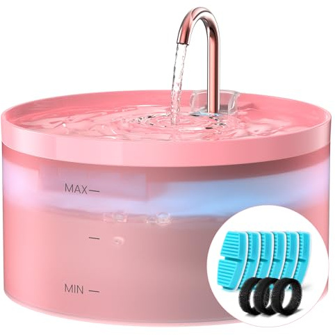 Fuente de agua rosa para gatos: con 6 filtros de carbono + 3 filtros de esponja, fuente de agua para mascotas BEMOONY de 3,2 l, fuentes de agua silenciosa para interiores, fuente de agua para gatos y