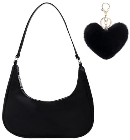 ZGDEIWGF Borsa a Tracolla Nera da Donna - Tasca Ascellare, Ciondolo Peluche, Mezzaluna, Alla Moda, Leggera, Piccola, Testurizzata, Casual