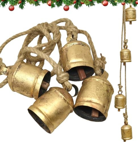 Handicrafts Riesige Kuhglocken im Shabby-Chic-Stil, rustikale Metallglocken, antikes Gold, Heimdekoration, Glücksglocken, 4, Kranz und Kaminsims