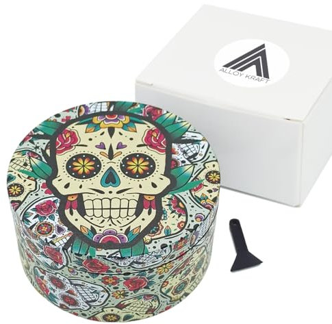 Grinder metal XXL 75mm ALLOY KRAFT | Impresión Premium 360º y Cuchillas Ultra Afiladas | Grinder grande de 4 piezas para especias y hierbas | Dibujos calavera mexicana (Modelo 2)