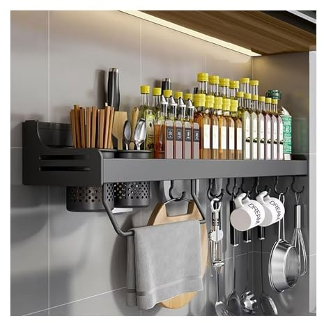 Porte Ustensiles Cuisine Mural Inox, Acier Inoxydable Porte Ustensiles Cuisin avec 6 Crochets, Etagere Cuisine Murale, Adhésif/Perçage 2 Façons D'installer Support Rangement Ustensiles(Black,50cm)