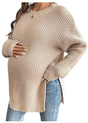MakeMeChic Women's Maternity Sweater Crew Neck Long Sleeve Split Drop Shoulder Pregnancy Tops Khaki Large