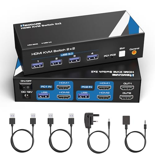 NEWCARE KVM Switch 2 Monitors 2 Computers, 8K@60Hz KVM Switch HDMI 2 Port, KVM Switch Dual Monitors 2 Computers Share 4 USB 3.0 Port, HDMI KVM Switch Support Desktop Controller, 2 USB Cable Included