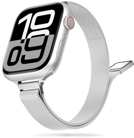 Tuocal Schmal Armband Kompatibel mit Apple Watch Armband 38mm 40mm 41mm 42mm(Series 11 10), Schlank Milanese Mesh Metall Apple Watch Armband für iWatch Series 11 10 9 8 7 6 5 4 3 2 1 SE Damen, Silber