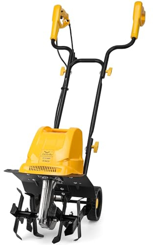 IncwBo Electric Tiller/Cultivator 4 Steel Tines, 8'' Tilling Depth Garden Roto Tillers for Gardening, 13.5 Amp 12 Inch Corded Rototiller with Adjustable Wheels, Yellow